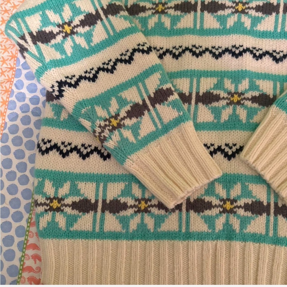 American Eagle Outfitters Cream and Teal Patterned Sweater